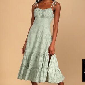 NWT Lulus Sweet Sentiments Sage Green Jacquard Tiered Midi Dress
